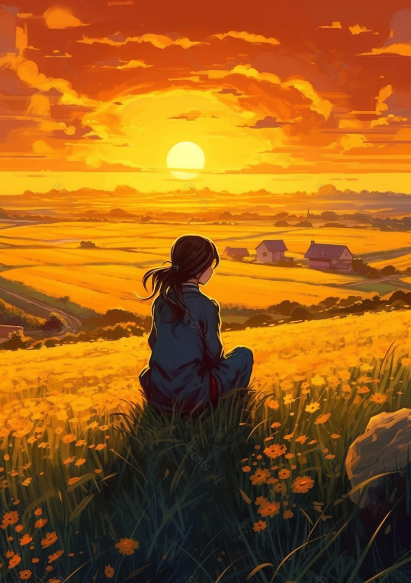 山顶看夕阳晚霞人物背影唯美插画背景,插画/手绘图,插画/手绘图库,插画/手绘图下载,插画/手绘